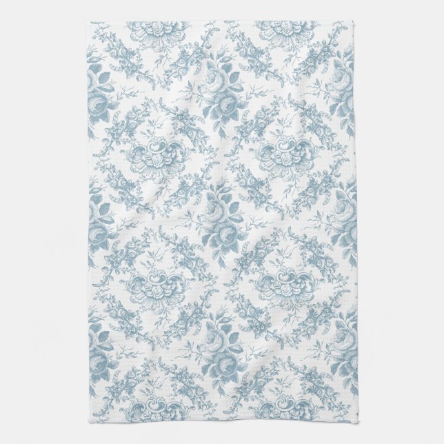 Elegant Engraved Blue and White Blommigt Toile Kökshandduk (Vertikal)