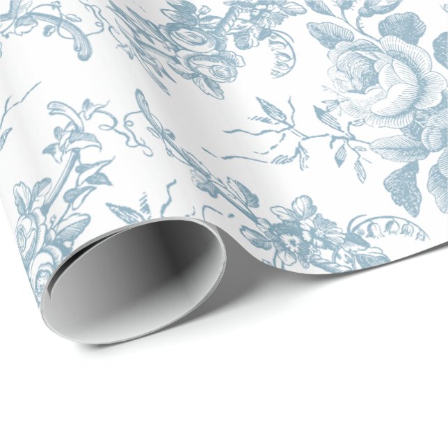 Elegant Engraved Blue and White Blommigt Toile Presentpapper (Rullad Hörn)