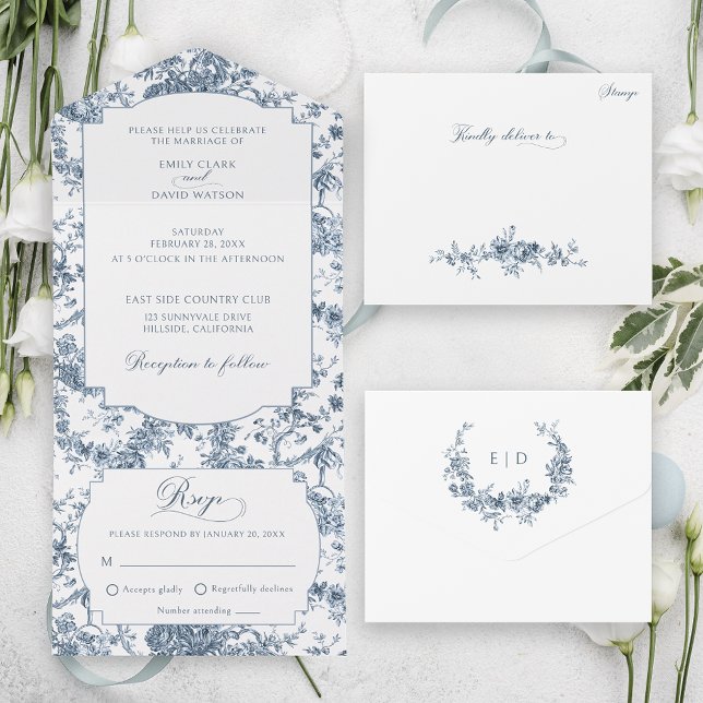 Elegant Engraved Fransk Blue Blommigt Toile (Skapare uppladdad)