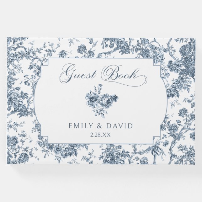 Elegant Engraved Fransk Blue Blommigt Toile Gästböcker (Framsida)
