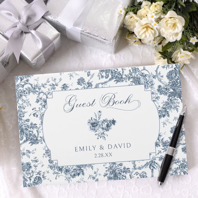 Elegant Engraved Fransk Blue Blommigt Toile Gästböcker (Skapare uppladdad)