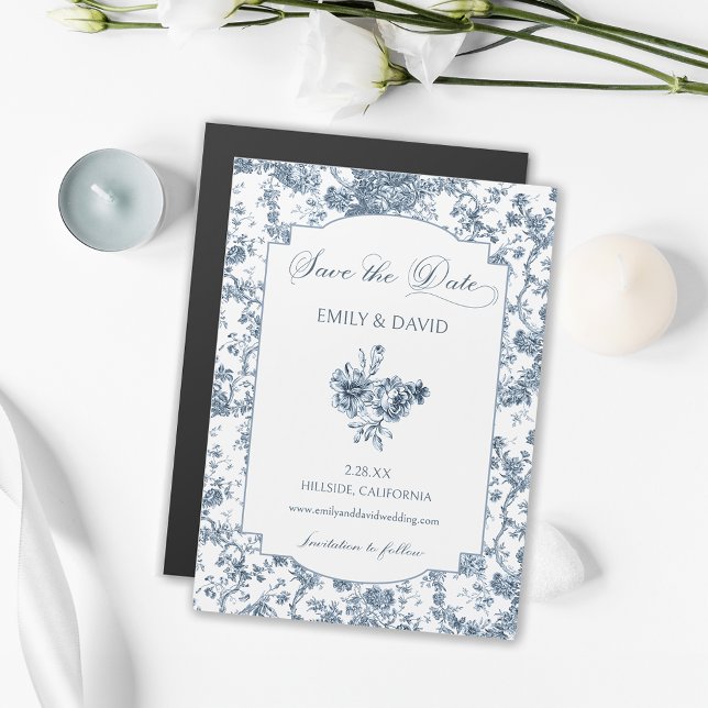 Elegant Engraved Fransk Blue Blommigt Toile Magnetisk Inbjudningskort (Skapare uppladdad)