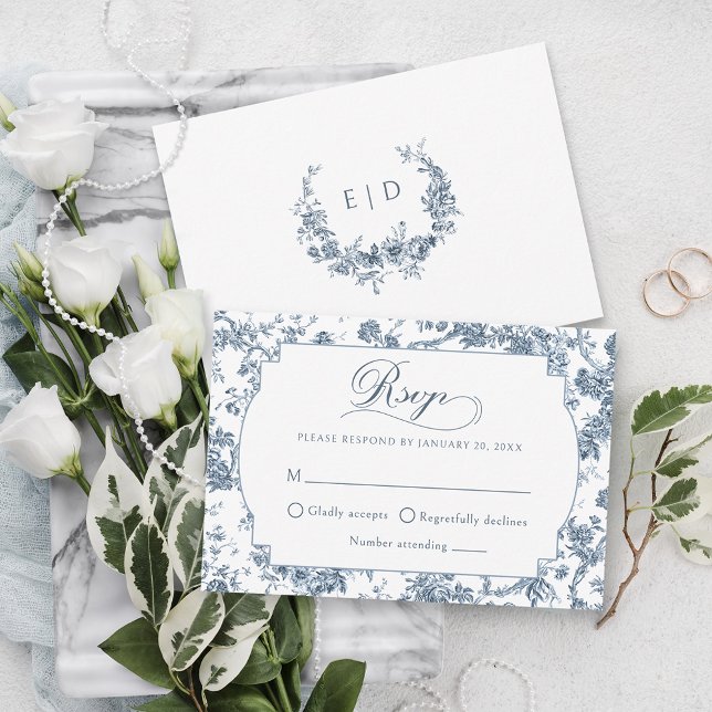 Elegant Engraved Fransk Blue Blommigt Toile OSA Kort (Skapare uppladdad)