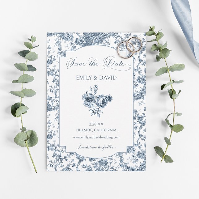 Elegant Engraved Fransk Blue Blommigt Toile Spara Datumet (Skapare uppladdad)