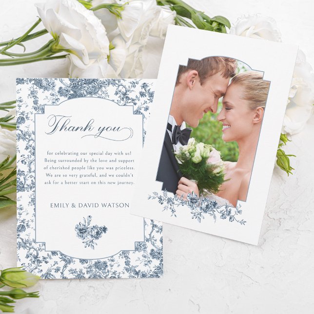 Elegant Engraved Fransk Blue Blommigt Toile Tack Kort (Skapare uppladdad)