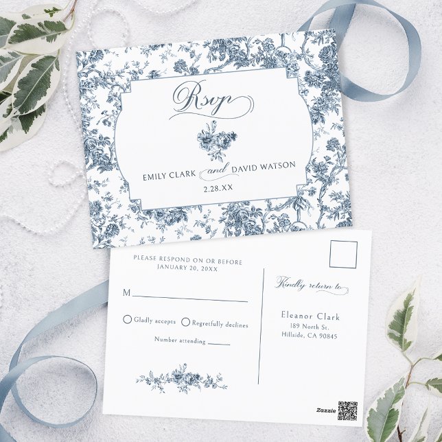 Elegant Engraved Fransk Blue Blommigt Toile Vykort (Skapare uppladdad)