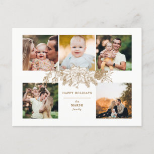 Elegant Engraved Guld jul Blommigt 5-foto Helg Vykort