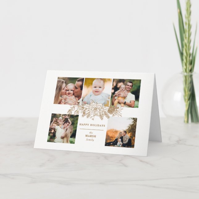 Elegant Engraved Guld jul Blommigt 5-foto Helgkort (Framsida)
