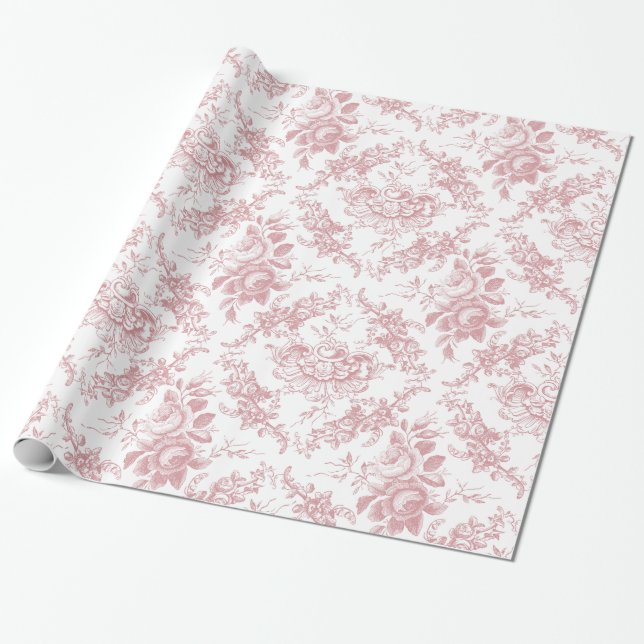 Elegant Engraved Rosa och Vit Blommigt Toile Presentpapper (Utrullad)
