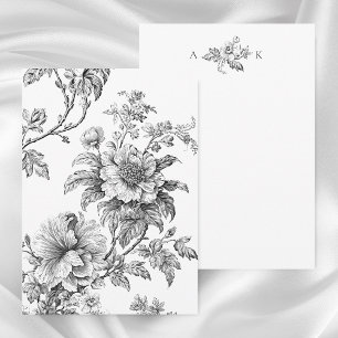 Elegant Engraverad B&W-Blommigt med Monogram Anteckningskort