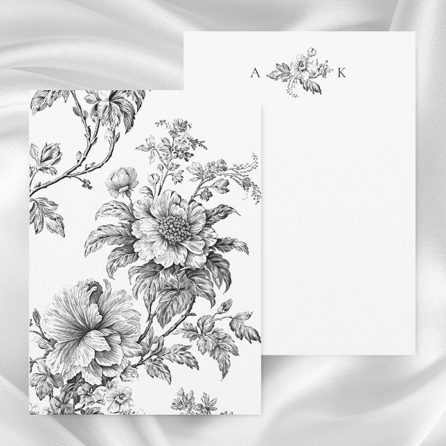 Elegant Engraverad B&W-Blommigt med Monogram Anteckningskort (Skapare uppladdad)
