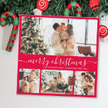 Elegant Enkel 4 Photo Collage-jul Julkort<br><div class="desc">Elegant Calligraphy Modern Red and White 4 Photo Collage God jul Script Helgdag Card. Den här festiva, imimalistiska, vismatiska 4 (4) fotokortsmallen innehåller en söt fotokollage och säger "God jul"! Texten "God jul" hälsning är skriven i ett vackert handskrivet teckensnitt som snabbt kan bytas ut mot svan i vitt på...</div>