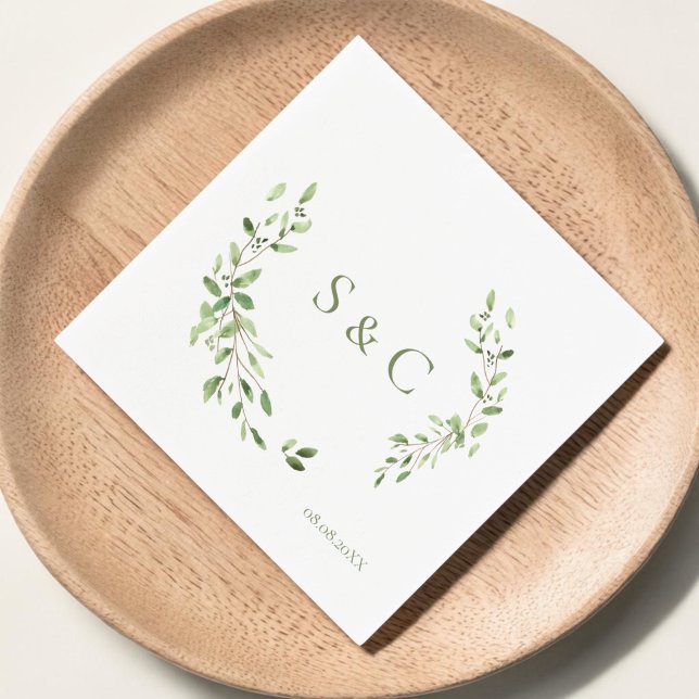 Elegant Enkel Anpassad Monogram Krans Bröllop Pappersservett (Monogram greenery, wedding napkins)