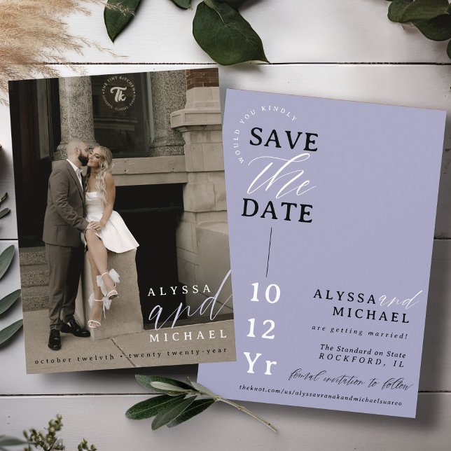 Elegant Enkel Blåfiolet Purpur Foto Bröllop Spara Datumet (Elegant modern photo typography script simple wedding save the date, black, white, periwinkle purple)