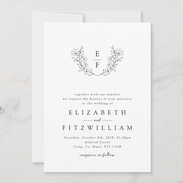 Elegant Enkel Blommar för körsbär Monogram andedrä Inbjudningar (Framsida)