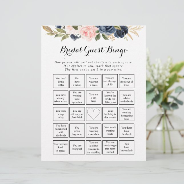 Elegant Enkel Blommig Bröllopsgästbingo (Stående Fram)