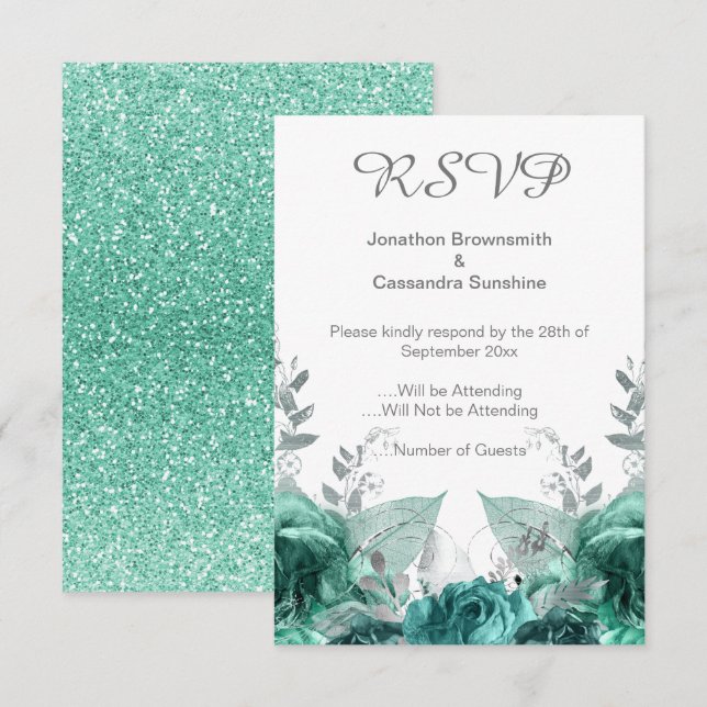 ELEGANT ENKEL BLOMMIGT GRÖNT GLITTER OSA INBJUDNINGAR (Fram/baksida)