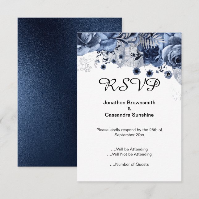 ELEGANT ENKEL BLOMMIGT NAVY GRÅTT OSA INBJUDNINGAR (Fram/baksida)