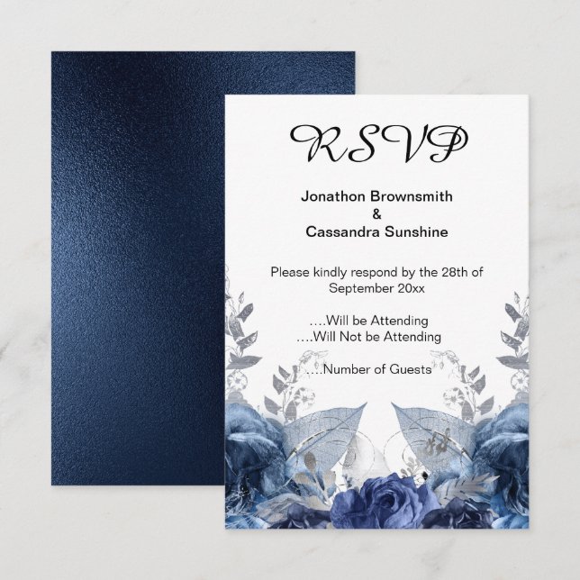 ELEGANT ENKEL BLOMMIGT NAVY-OSA INBJUDNINGAR (Fram/baksida)