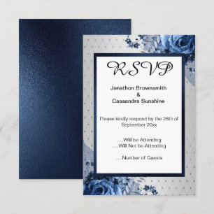 ELEGANT ENKEL BLOMMIGT NAVY SILVER OSA INBJUDNINGAR