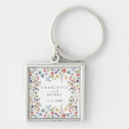 Elegant Enkel Blommigt Wildblommor Bröllop Fyrkantig Silverfärgad Nyckelring