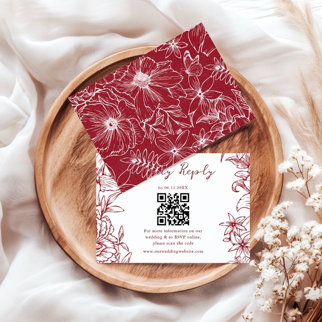 Elegant Enkel Burgunder Röd Blommig QR-kod Bröllop OSA Kort (Skapare uppladdad)