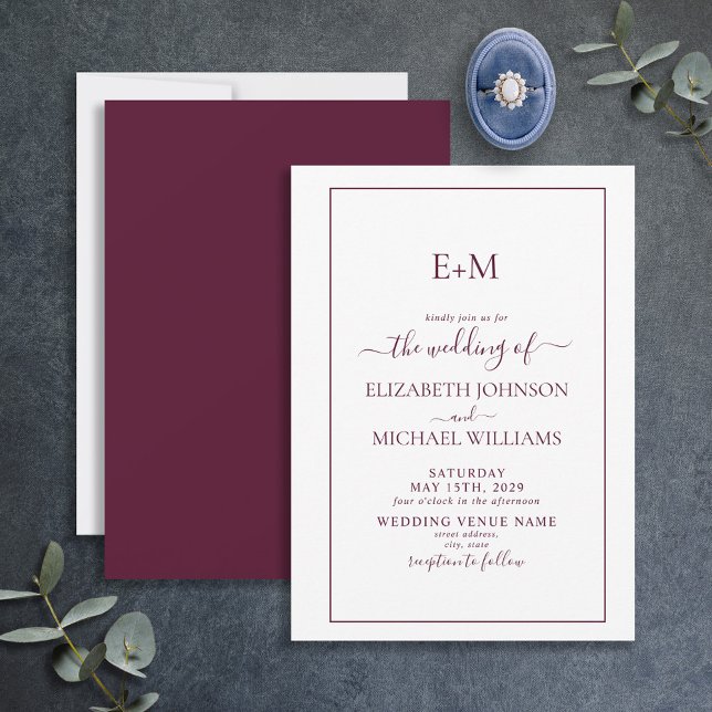 Elegant Enkel Burgundy Forme Monogram Bröllop Inbjudningar (Skapare uppladdad)