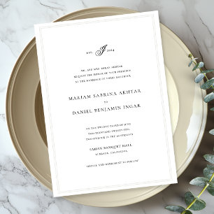 Elegant Enkel calligrafi Monogram White Bröllop Inbjudningar