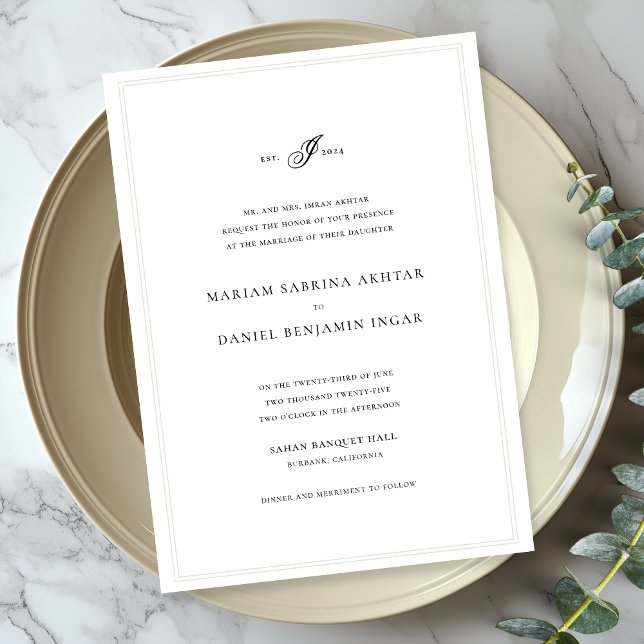 Elegant Enkel calligrafi Monogram White Bröllop Inbjudningar (Skapare uppladdad)