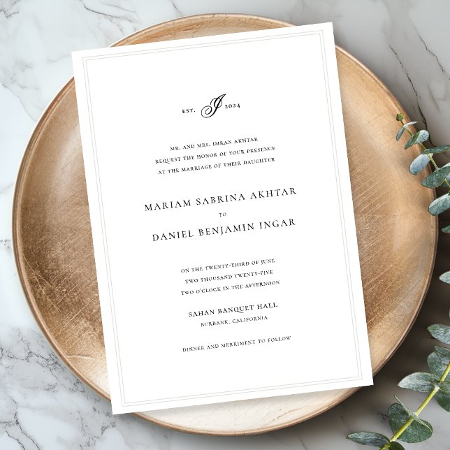 Elegant Enkel calligrafi Monogram White Bröllop Inbjudningar (Skapare uppladdad)