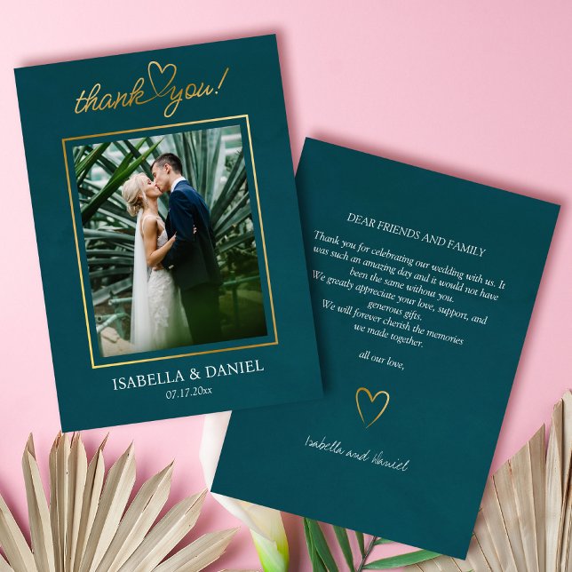 Elegant Enkel Chic Kärlek med Heart Bröllop Tack Kort (Elegant Simple Chic Script Love with Heart Teal Wedding Thank You Card)