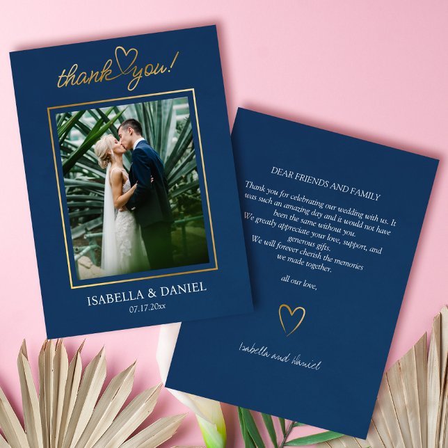 Elegant Enkel Chic Kärlek med Heart Bröllop Tack Kort (Elegant Simple Chic Script Love with Heart Blue Wedding Thank You Card)