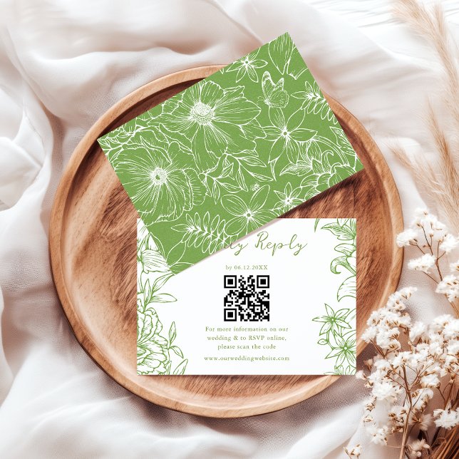 Elegant Enkel Citrus Grön Blommig QR-kod Bröllop OSA Kort (Skapare uppladdad)