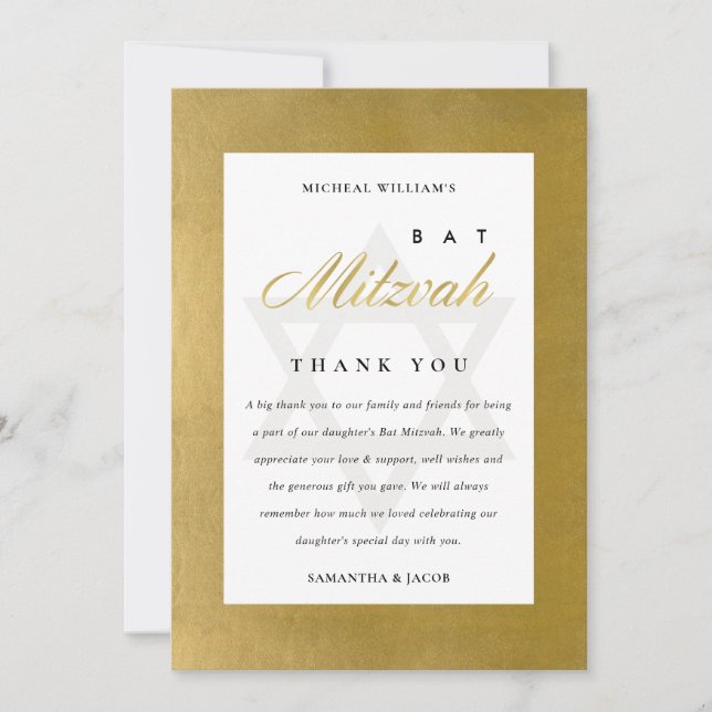 ELEGANT ENKEL CLEAN FAUX GULD FLADDERMUS PUB MITZV TACK KORT (Framsida)