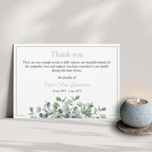 Elegant enkel eucalyptus grönt sympati begravning tack kort (Funeral thank you card from family with floral botanical details and color frame, eucalyptus)
