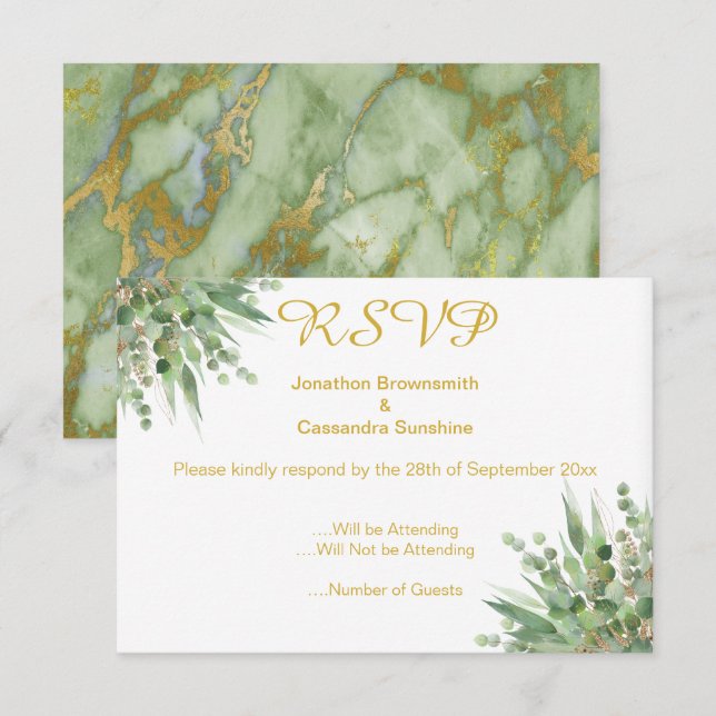 ELEGANT ENKEL EUCALYPTUS GULD RSVP INBJUDAN (Fram/baksida)