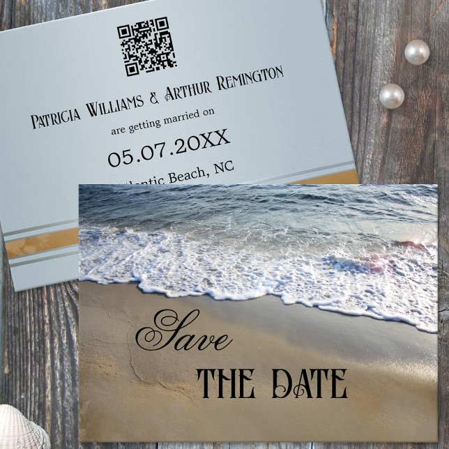 Elegant Enkel fack Spara datumkortet Inbjudningar (Save the Date card featuring waves on the beach on the front and a dusty blue design on the back)