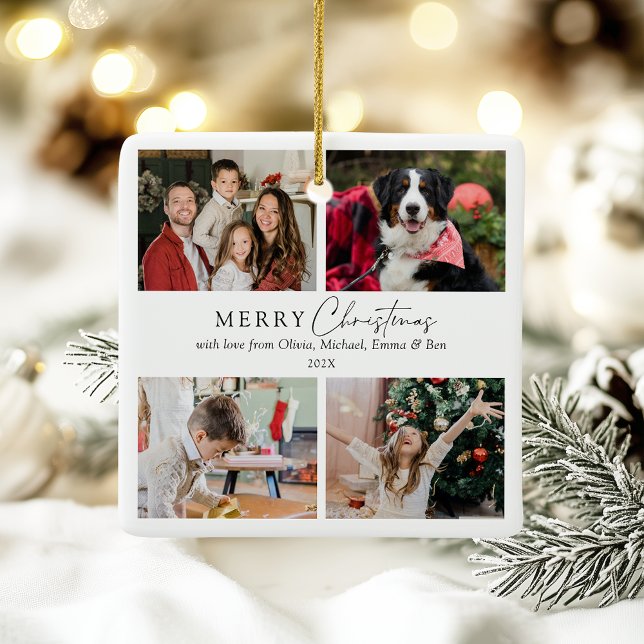 Elegant Enkel familj 4 Photo Collage jul Julgransprydnad Keramik (Simple elegant white customizable 4 photo holiday ornament, plus personal message & your family name)