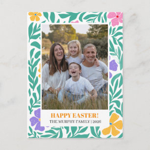 Elegant Enkel Färgrik Blommig Påsk Familjefoto Helg Vykort