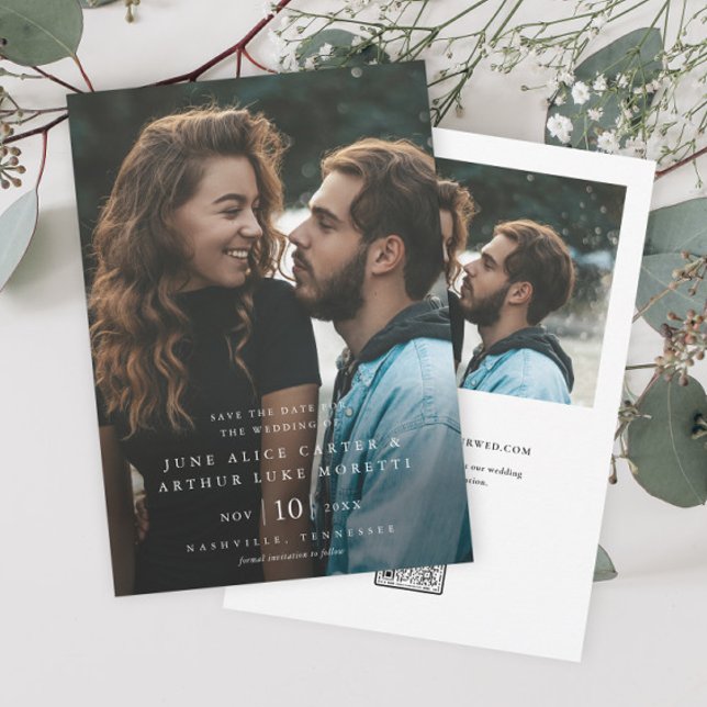 Elegant Enkel Foto Bröllop Spara Datum Inbjudningar (Elegant photo wedding save the date with classic typography overlay and QR code.)
