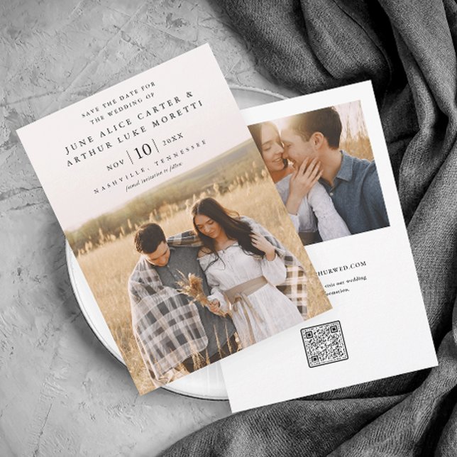 Elegant Enkel Foto Bröllop Spara Datum Inbjudningar (Simple Elegant Photo Wedding Save the Date Card with QR Code.)