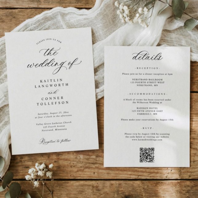 Elegant Enkel Gammal Förmögenhet Allt-i-ett Bröllo Inbjudningar (Classic black and white all in one wedding invitation with details and QR code on back)