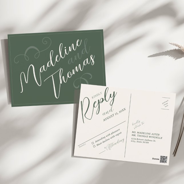 Elegant Enkel Grönt för skriptsökning, Bröllop OSA Vykort (Elegant modern unique slant script and swirl dark moss green wedding invitation suite RSVP postcard)