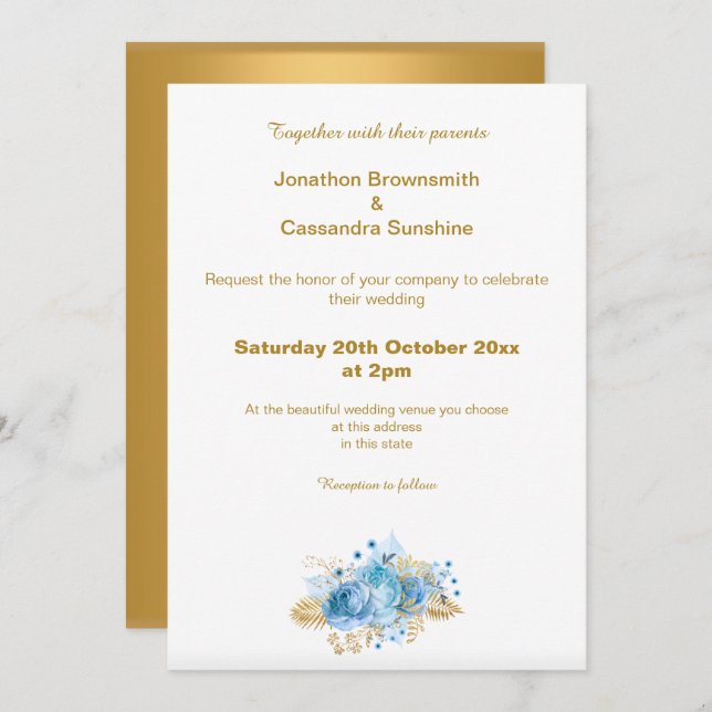 ELEGANT ENKEL GULD BLUE BLOMMIGT GULD BRÖLLOP INBJUDNINGAR (Fram/baksida)
