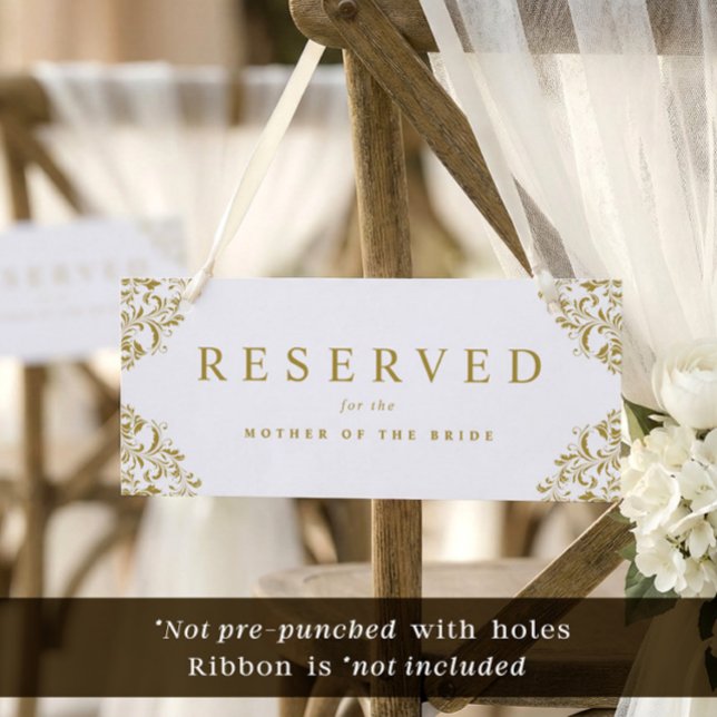 Elegant Enkel Guld Bröllopsstol Reserverad Skylt (Reserved cards to hang on chairs - these do not come pre-punched with holes or with ribbon.)