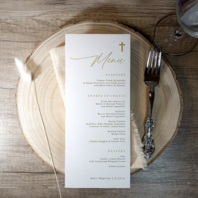 Elegant Enkel Guld Kors Modern Skrift Dop Meny (Elegant gold cross baptism menu with minimalist script and simple modern religious design)