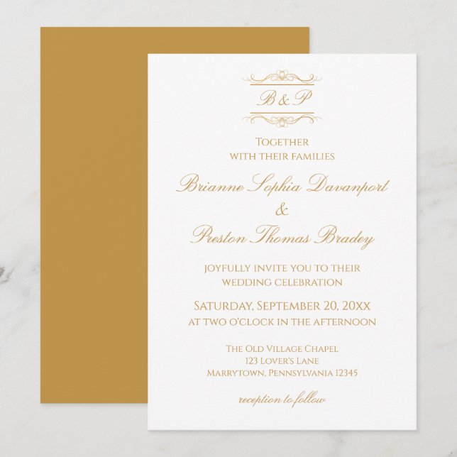 Elegant Enkel Guld & Vit Monogram Bröllop Inbjudningar (Fram/baksida)