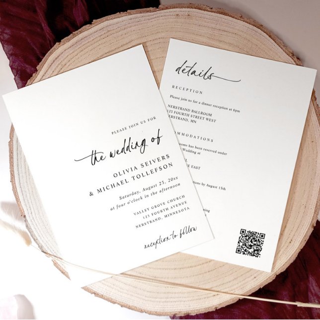 Elegant Enkel Handstil Allt-i-ett Bröllop Inbjudningar (Minimalist all-in-one wedding invitation with modern handwriting script and QR code on back)