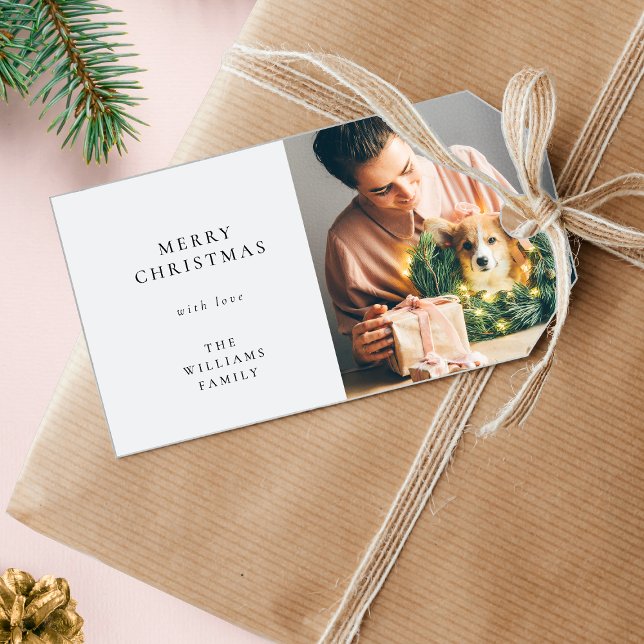 Elegant Enkel jul | Modern minimal foto Presentetikett (Stylish Christmas photo tags created for timeless, simple, and personalized festive gifting)