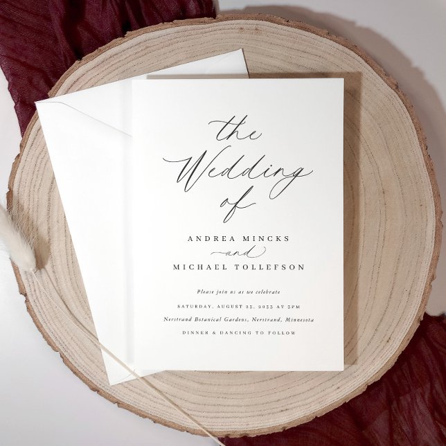 Elegant Enkel Kalligrafi Skrift Bröllop Inbjudningar (Modern wedding invitation with delicate calligraphy—perfect for romantic, elegant celebrations.)